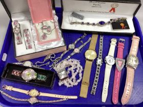 A Collection of Modern Ladies Wristwatches, to include "925" Marcel Drucker hardstone set watch,