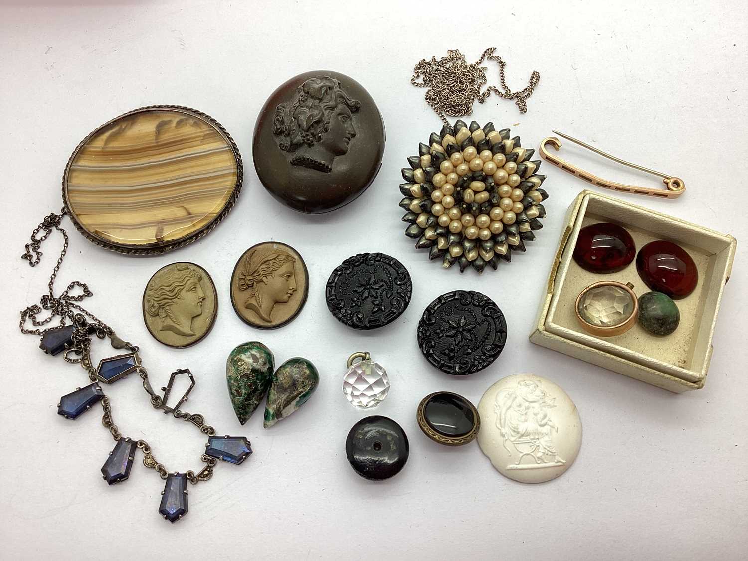 Victorian Lava Cameo Panels, Victorian oval locket pendant (hinge broken), costume brooch, buttons