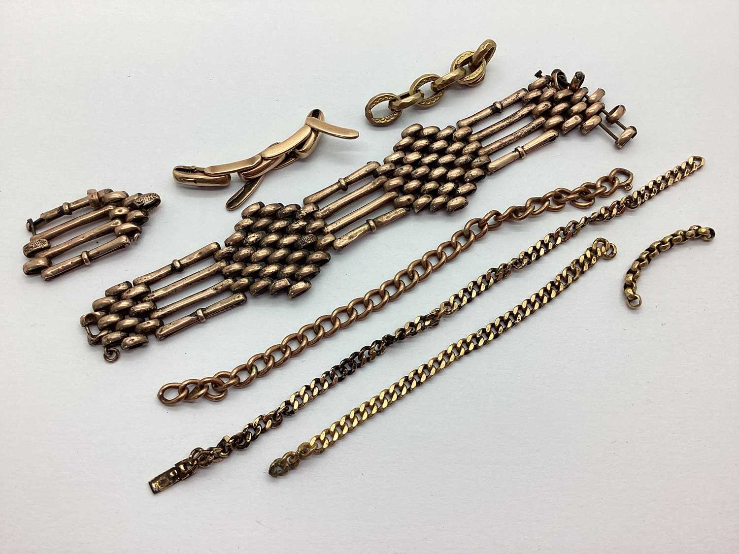 Scrap Jewellery - Wide Part Bracelet, together with expanding bracelet links stamped "9ct"; etc.