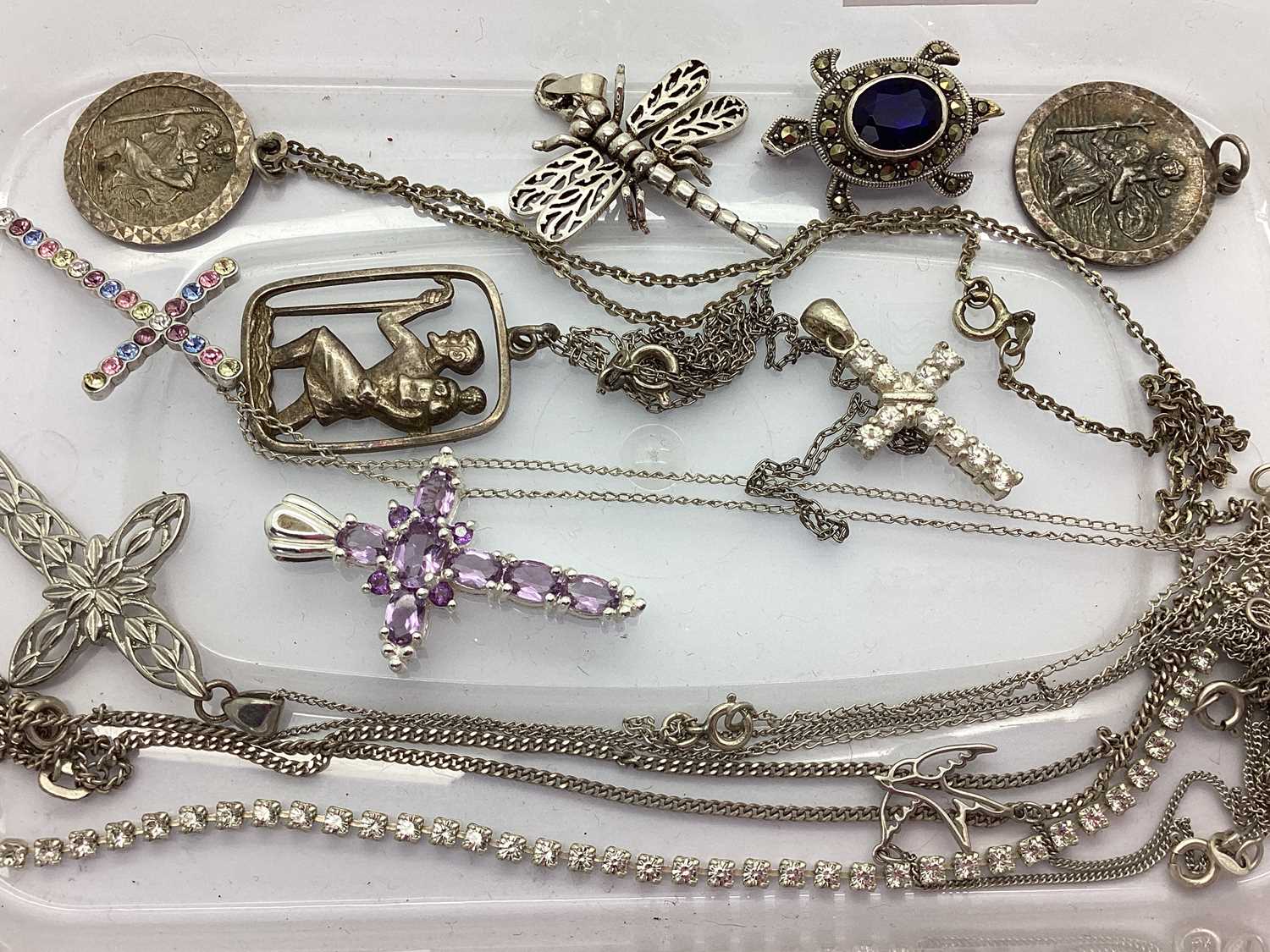 A Collection of Jewellery, to include St. Christopher pendant necklaces, stamped "SILVER", stone set