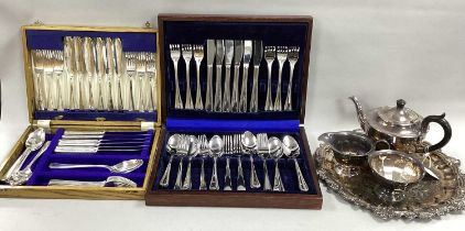 Cased Cutlery, Art Deco style three piece plated tea set, circular salver, posy bowl.