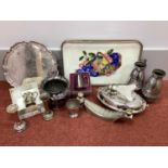 Czechoslovakia Ceramic and Plated Twin Handled Tray, detailed with fruit; plated christening mugs,