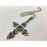 An Amethyst, Moonstone, Peridot and Pearl Rubover Set Pendant, of openwork cross form, ornate