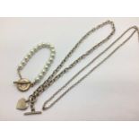 A Chunky Belcher Link Necklace, to T-Bar clasp and heart charm, imitation pearl bead bracelet, to