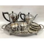 A Plated Four Piece Tea Set, together with oval twin handled plated tray, thimbles and a salt