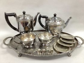 A Plated Four Piece Tea Set, together with oval twin handled plated tray, thimbles and a salt