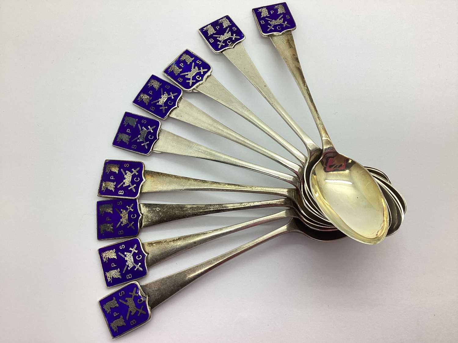 A Matched Set of Nine Hallmarked Silver and Enamel Spoons, Birmingham 1935, 1936, 1937, 1938, '