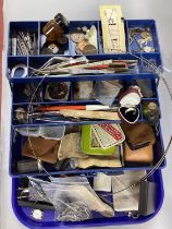 Jewellers Worksop Tool Box, including part of a hallmarked silver cigarette case, cufflink mounts,