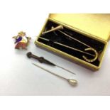 A Novelty Vintage Hunting Horn Stick Pin, together with a horseshoe stick pin; a dirk stickpin (