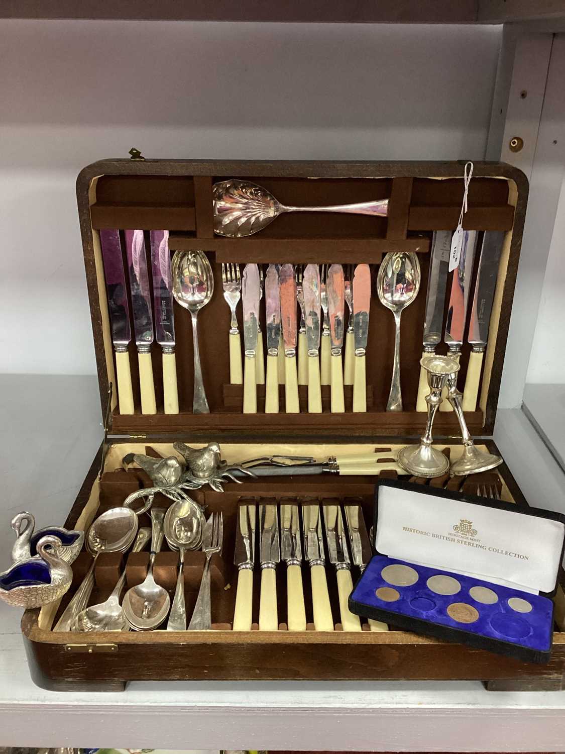 A Part Canteen of Plated Cutlery, in fitted canteen case; together with novelty bird cruet, Viners