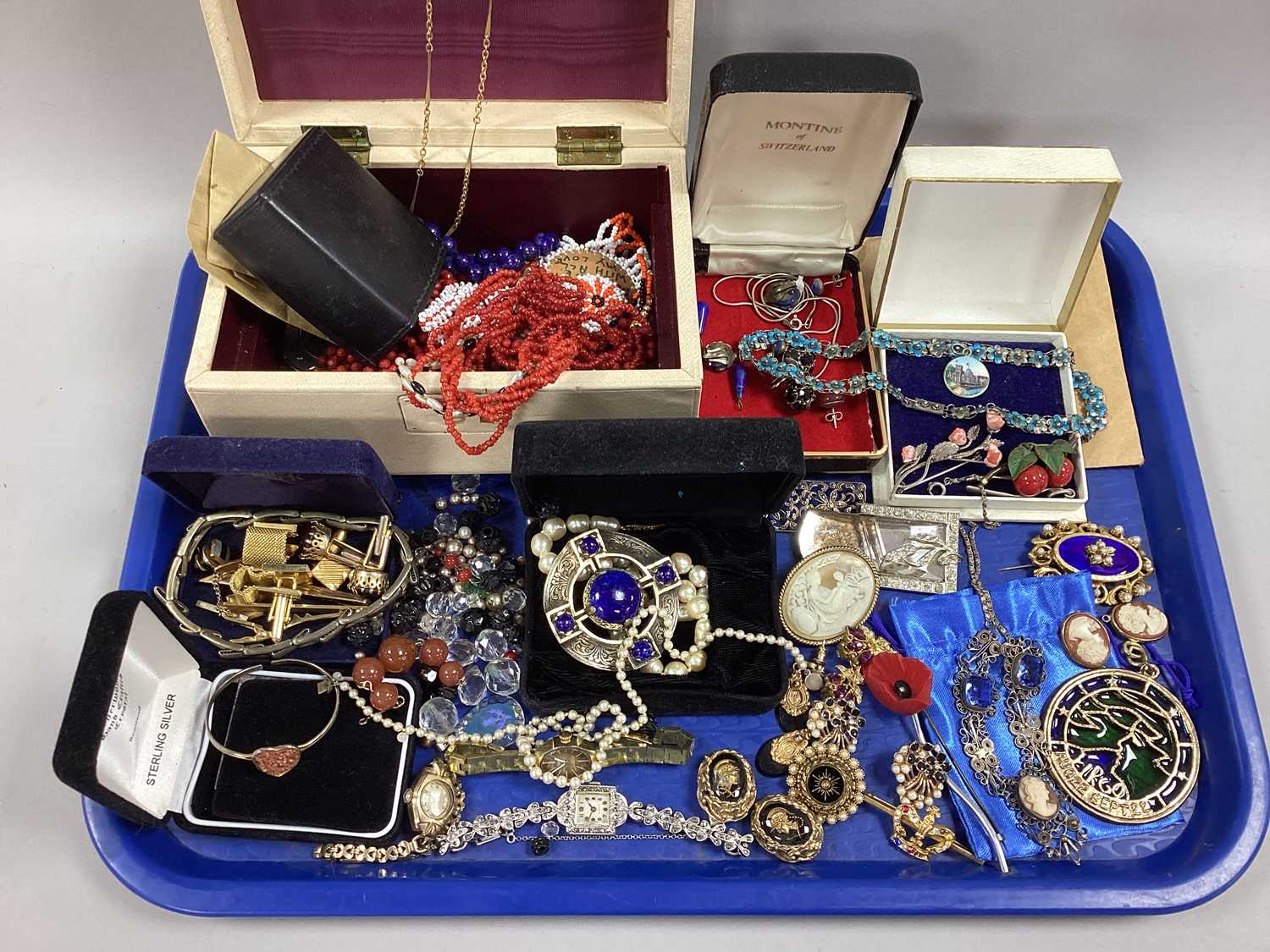 Assorted Costume Jewellery, including vintage enamel flowerhead necklace, enamel 'Scarboro Spa' disc