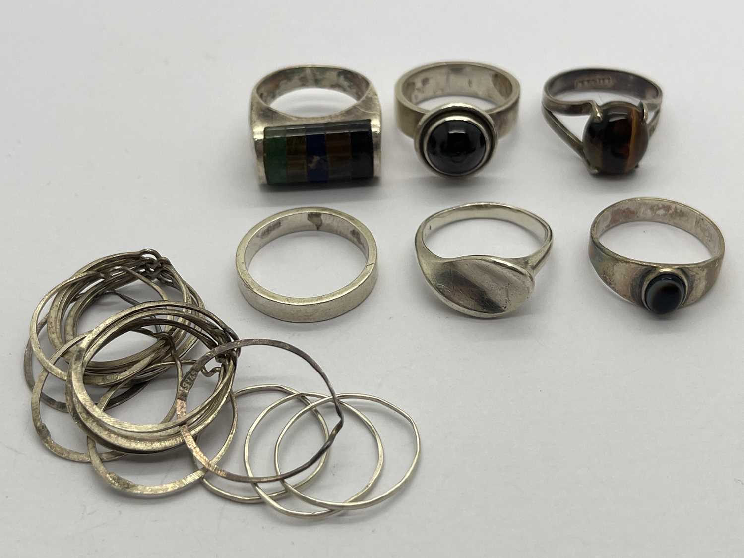 Modernist Style and Other Dress Rings, including tiger's eye and hardstone inset, etc.