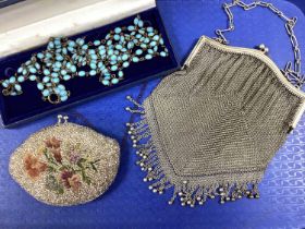 A Vintage Metal Chainmail Purse, with beaded fringing; together with a floral embroidered beaded