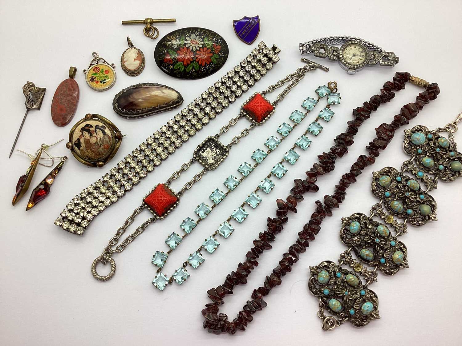 A Collection of Costume Jewellery, to include Satsuma painted brooch, stone set panel bracelet,