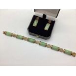 A Modern 9ct Gold and Jade Panel Bracelet, to snap clasp; together with a pair of matching 9ct