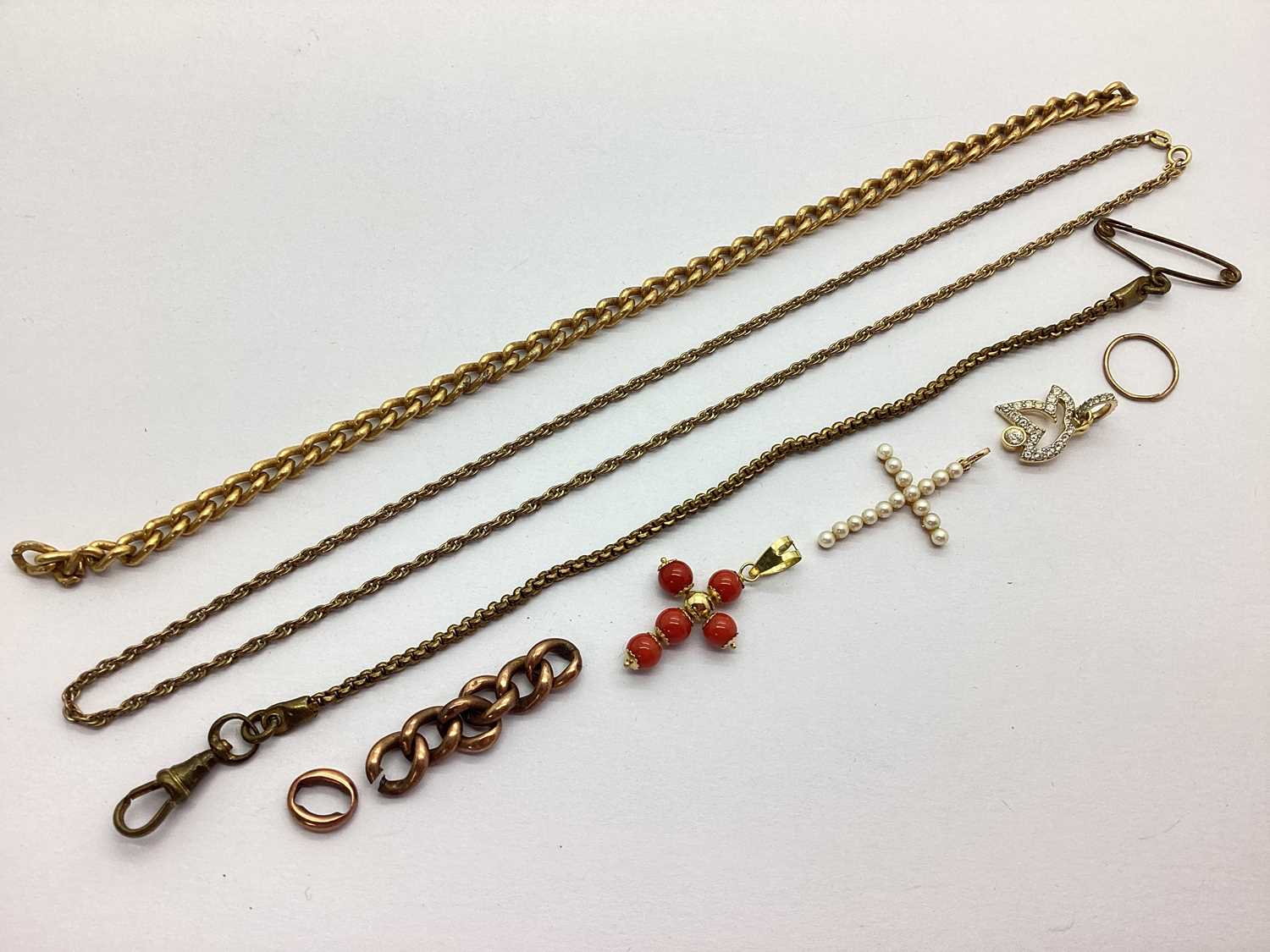 A 9ct Gold Chain, cross pendants, part chains, Swarovski pendant etc.