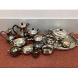 A Britanoid Plated Three Piece Tea Set, oval twin handled gallery style tray, jugs and sugar