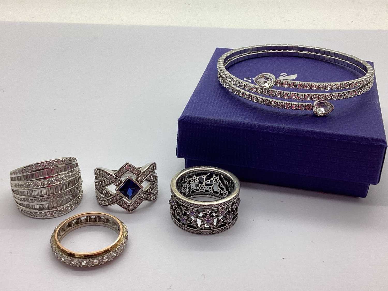 A Small Collection of "925" Dress Rings, to include Pandora stone set ring, of floral openwork