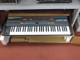Roland Juno-106 Polyphonic Synthesizer, boxed with instruction manual, (untested).
