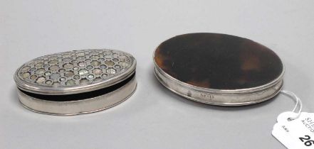 An Oval Tortoiseshell Snuff Box, the geometric pierced hinged lid set with inset shell decoration,