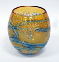 An Our Glass Vase, of ovoid form decorated in a swirling and speckled design in yellow and blue,