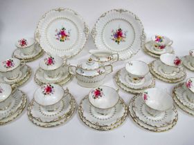 A Royal Crown Derby Porcelain Tea Service, in the 'Posies' pattern within moulded and gilt decorated