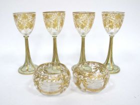 A Set of Four St. Louis Style Goblets, on spreading tapered stems and circular feet, decorated in