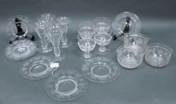 Four XIX Century Vine Etched Hobnail Cut Wine Goblets, on fluted stem and circular foot, seven