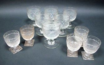 Six Early XX Century Cut Glass Wine Goblets, with hobnail cut bowls on circular foot; five further