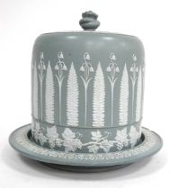 A Late XIX Century Jasperware Cheese Dome and Stand, the pale green ground applied in white with