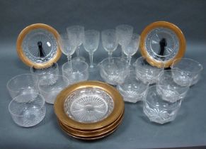 Seven Cut Glass Dessert Plates, with wide gilt border, six cut glass wine glasses, various XIX