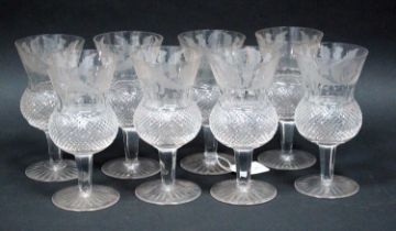 Eight Edinburgh Crystal Thistle Shaped Wine Glasses, with etched thistle and wheel cut hobnail cut