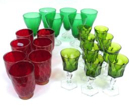 Seven Murano Style Ruby Glass Tumblers, gold flecked body on circular foot, six green glass sundae