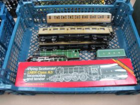 Two Hornby "OO" Gauge Class A3 Flying Scotsman Locomotives and Four Gresley Coaches, playworn,