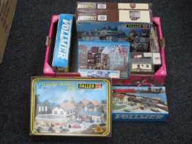 Nine HO Scale Plastic Model Buildings and Lineside Accessories Kits by Faller, Vollmer, Kibri,