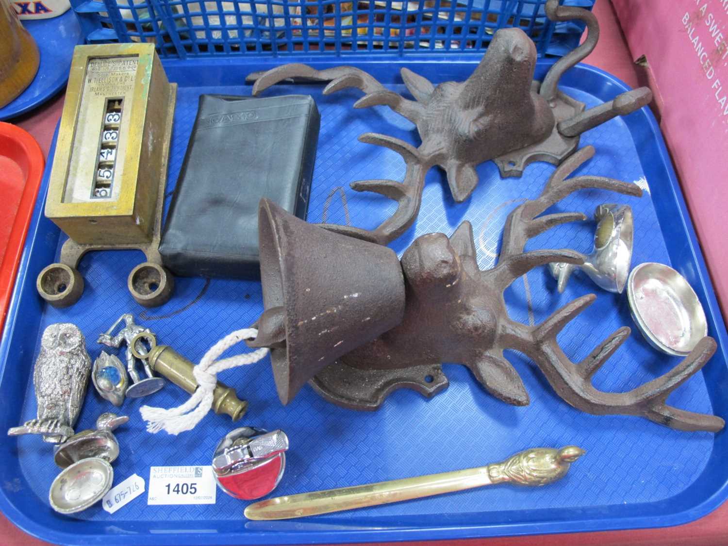 Cast Iron Stag Wall Hanging and Bell, Deluce's patent turnstile indicator, Military whistle, etc:-