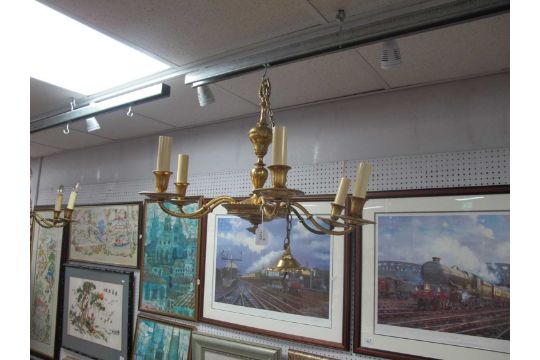 Set of Three Heavy Brass Ceiling Lights, each with six hexagonal wavy branches terminating in urn - Image 2 of 3