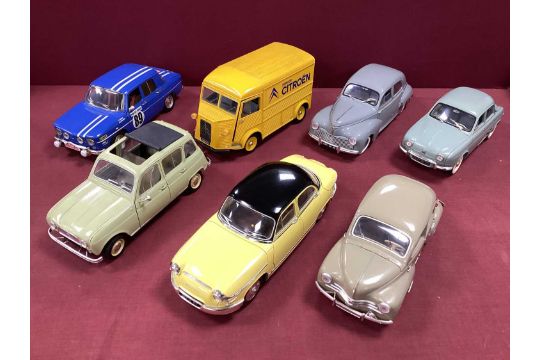 Seven 1:18th Scale Outline Continental Diecast Model Vehicles by Solido, Norev to include Renault