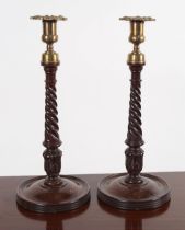 PAIR 19TH-CENTURY MAHOGANY & BRASS CANDLESTICKS