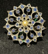 9 CT. GOLD SAPPHIRE & PEARL BROOCH