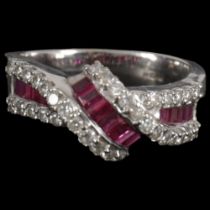 18 CT. WHITE GOLD RUBY AND DIAMOND CROSSOVER RING