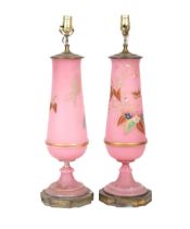 PAIR LARGE PINK GLASS TABLE LAMPS