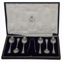 SET OF 6 SILVER TEASPOONS AND TONGS