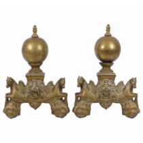 IMPORTANT PR 19TH-CENTURY BRASS ARMORIAL FIRE DOGS