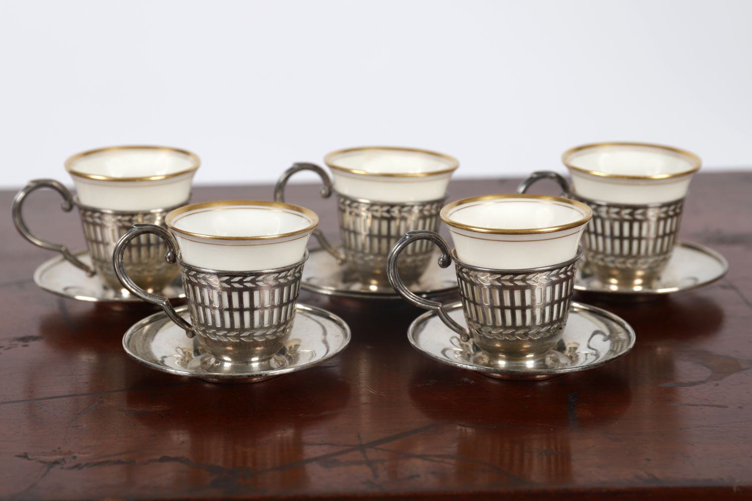 SET 6 STERLING SILVER & PORCELAIN COFFEE CUPS