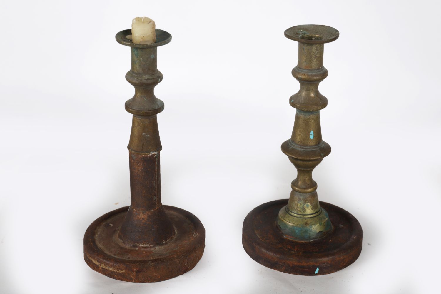 2 ANTIQUE BRASS & METAL CANDLESTICKS