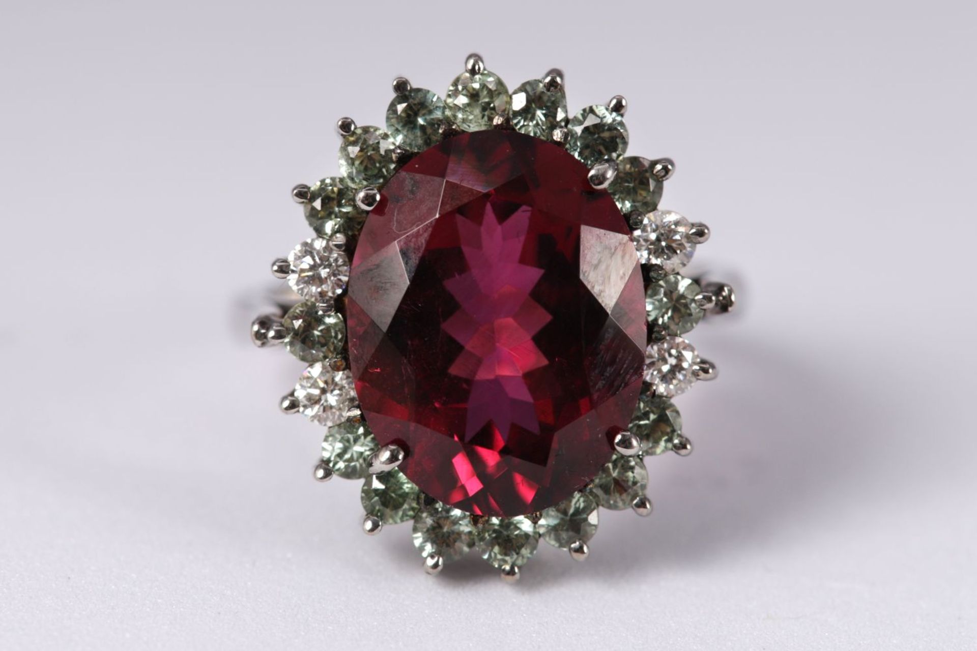 18K GOLD, RUBELLITE, DIAMOND & WHITE SAPPHIRE RING