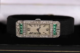 18K WHITE GOLD DIAMOND & EMERALD LADY'S WATCH