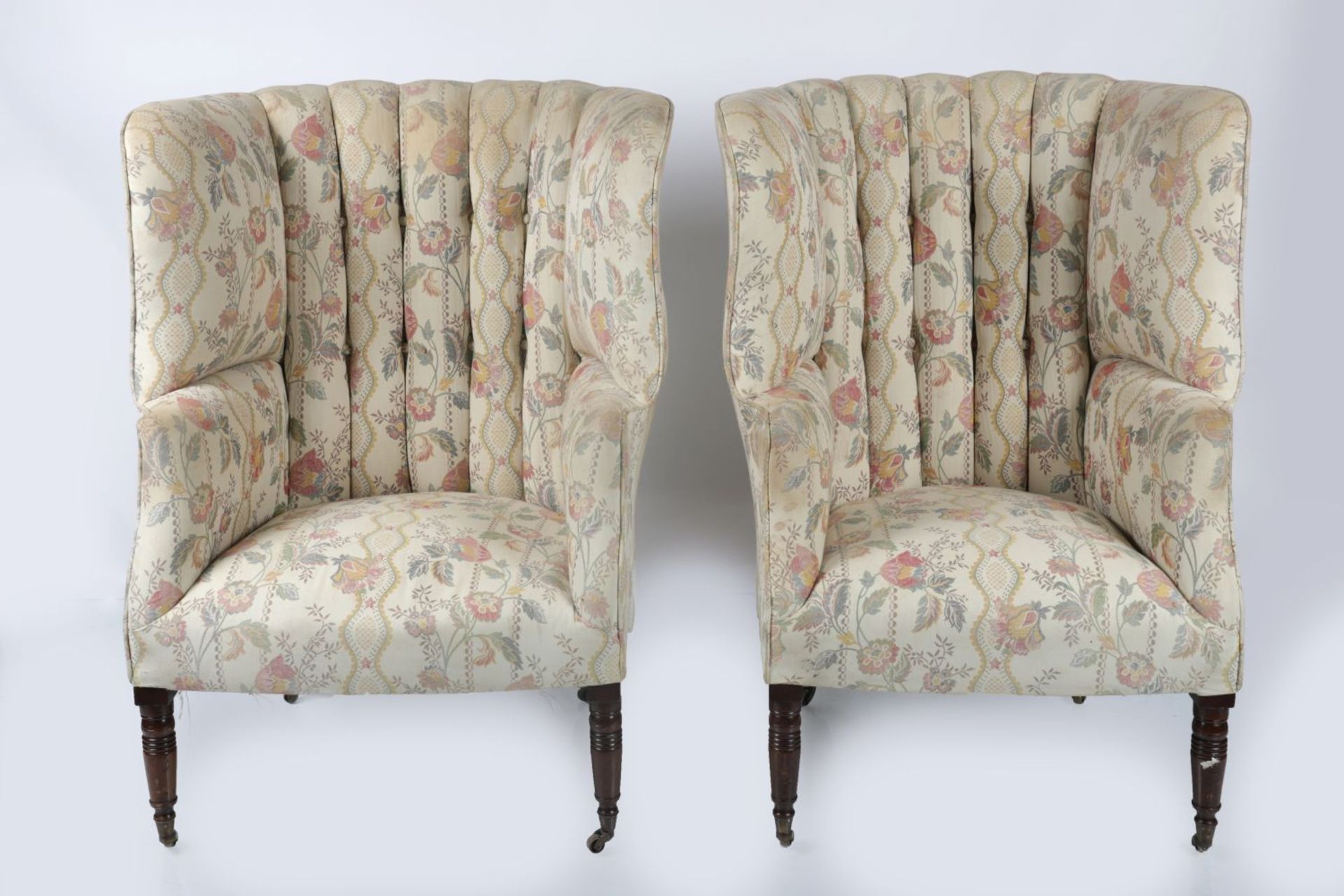 PAIR GEORGE III SYTLE WING BACK ARMCHAIRS