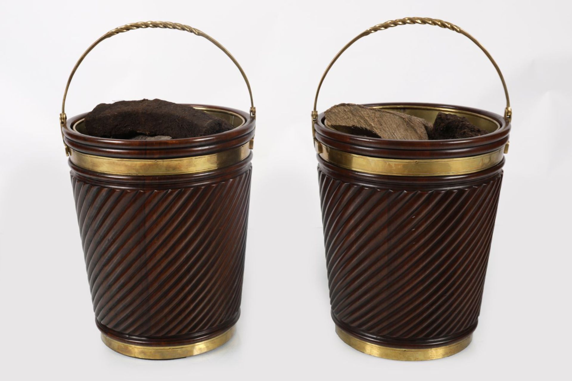 PAIR IRISH MAHOGANY BRASS BOUND PEAT BUCKETS